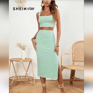 SHEIN Green Striped Skirt Set